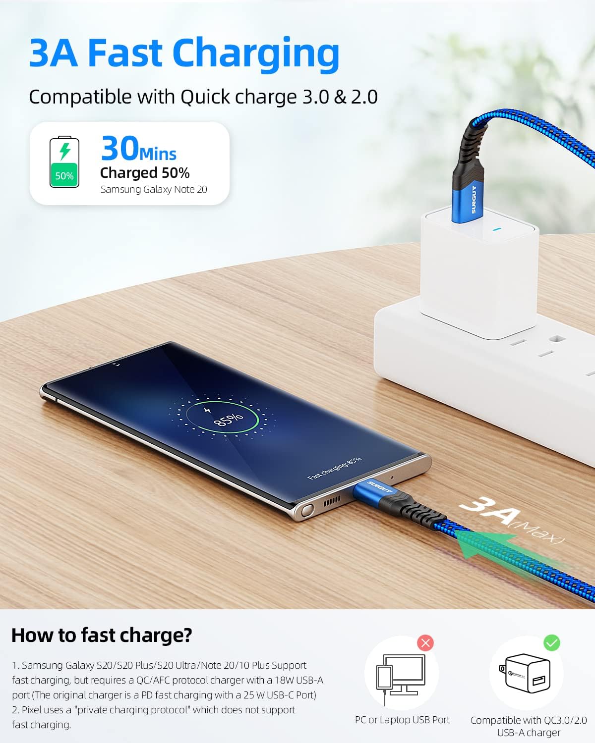 SUNGUY USB C Cable 3FT, 3Pack Flat USB-A to USB-C Fast Charger Cord Braided USB 2.0 Type C Cable Compatible with Samsung Galaxy S10 S9 S8 Plus S2, LG V20, Google Pixel and More