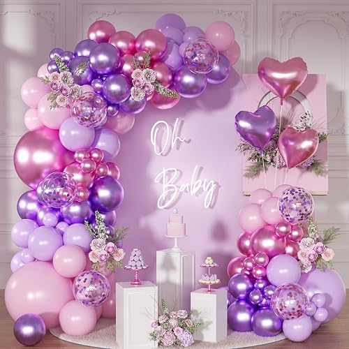Pink Purple Balloon Garland Arch Kit,126Pcs Metallic Purple Rose Red Confetti Balloons with Heart Foil Balloon for Women Birthday Bridal Baby Shower Wedding Party Decoration