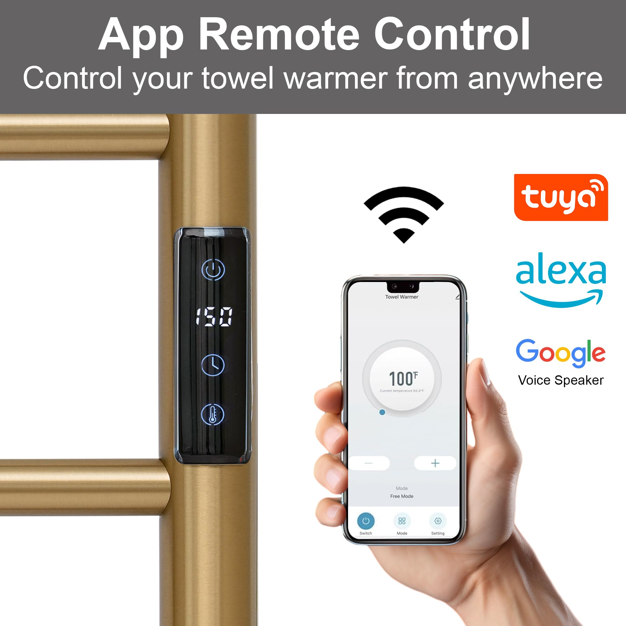 Tuya - Scaldasalviette Elettrico con Controllo vocale per Alexa e Google Home, Montaggio a Parete, 67 x 52 x 10,9 cm, in Acciaio Inox