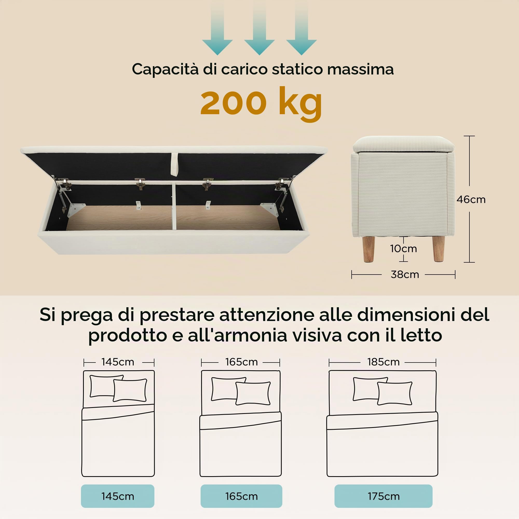Kebnor Panca da letto con vano portaoggetti idraulico, adatta per camera da letto, soggiorno e corridoio, effetto velluto a coste beige (165 x 38 cm)