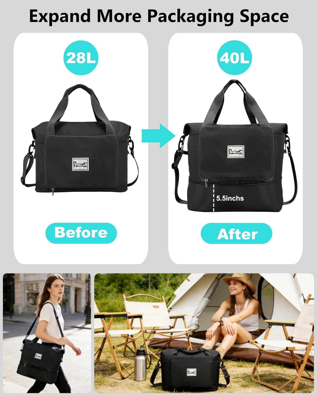 Foldable Travel Duffle Bag with Multiple Pockets, 40L Expandable Weekender Bag for Women, Overnight Carry On Gym Tote with Water Bottle Holder (Black) - Image 5