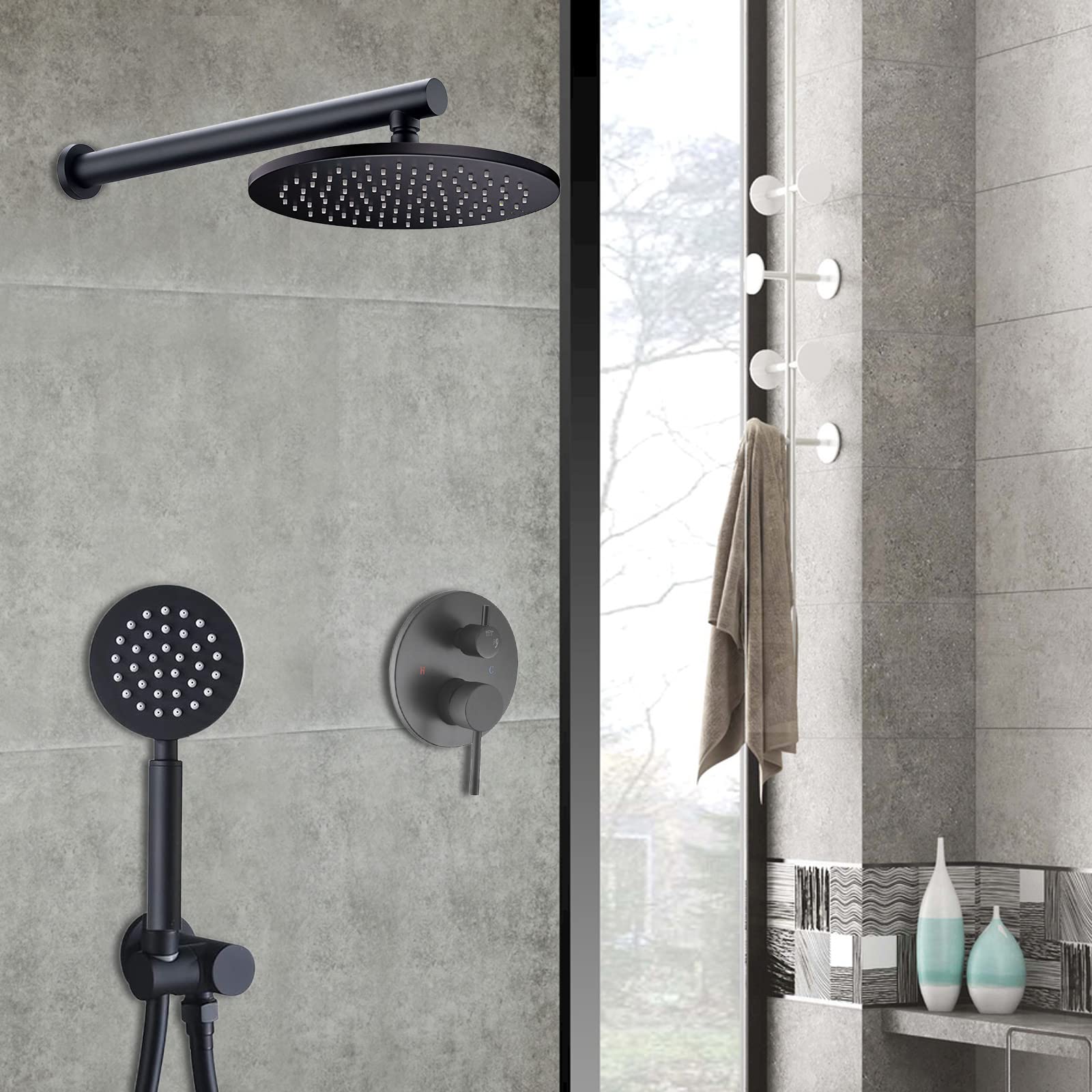 Duschsystem, Unterputz Duscharmatur Set,Duschamaturenset Messing Duschzubehör Keramikventil Regen Duschanlage, Duschset mit Brausekopf, Handbrause für Badezimmer, Badewannen, Schwarz