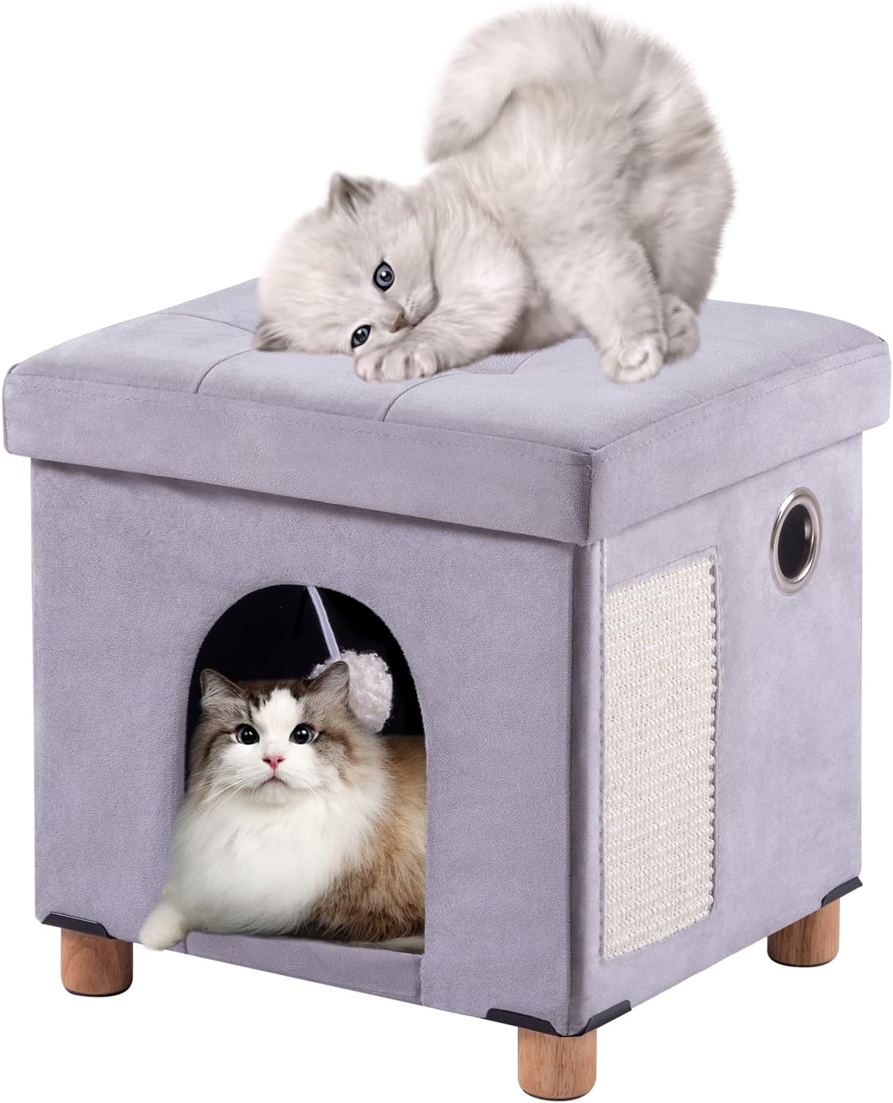 – Foldable Cat Bed for Indoor Cats, Large Cat Cube for Pet Cat House with Cat Scratch Board & Cat Ball, 37x31.8x36 CM, Light Gray