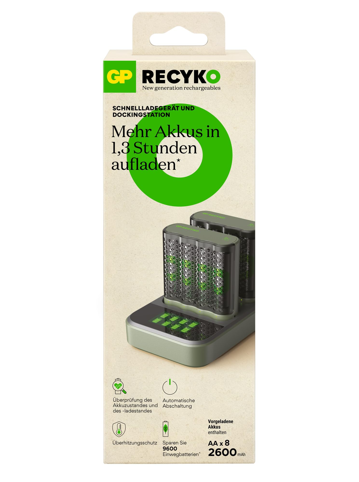 GP ReCyko - Base de Carga USB con 2 Pilas USB GP M452, Incluye 8 Pilas ReCyko AA de 2600 mAh, Cargador AA AAA con Indicadores LED y Base