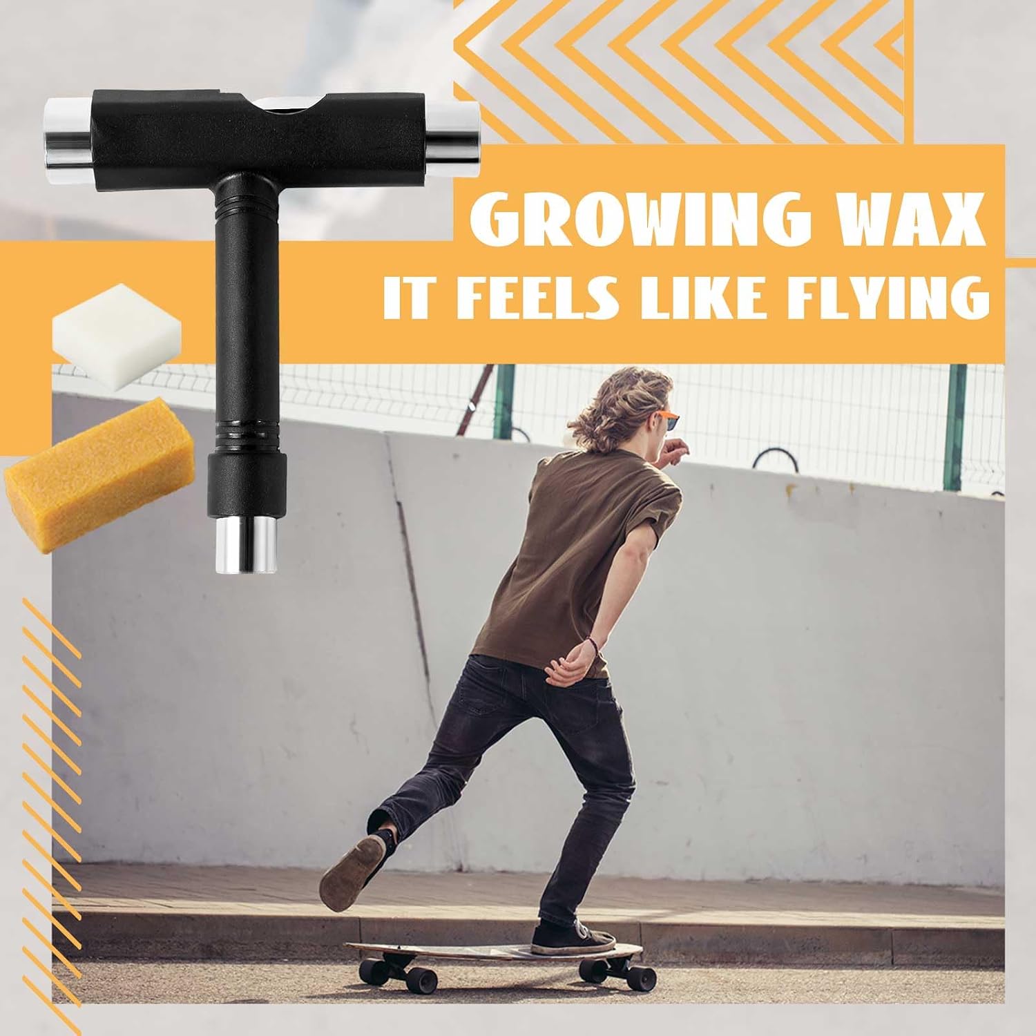 Threlaco 3 Pcs All in One Skate Tool Set Multi Function Portable Skateboard Tool with Skateboard Wax and Cleaner 2 in 1 T Type Hex Key and L Type Head Screwdriver for Gift