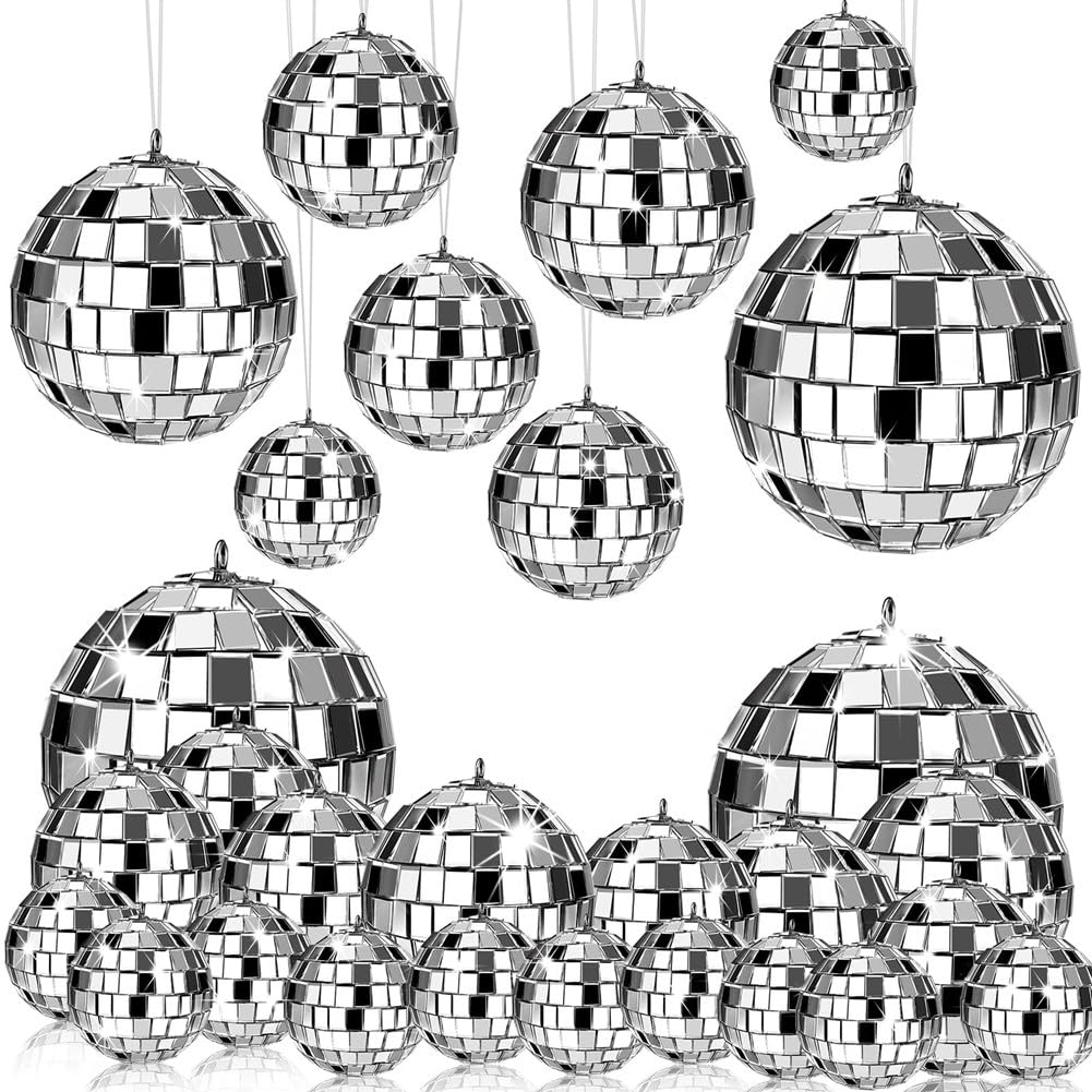 CTRLZS 24 Pcs Mirror Disco Ball Hanging, Glass Disco Ball Decor, Disco Party Decorations, for Holiday Party Decor with Rope