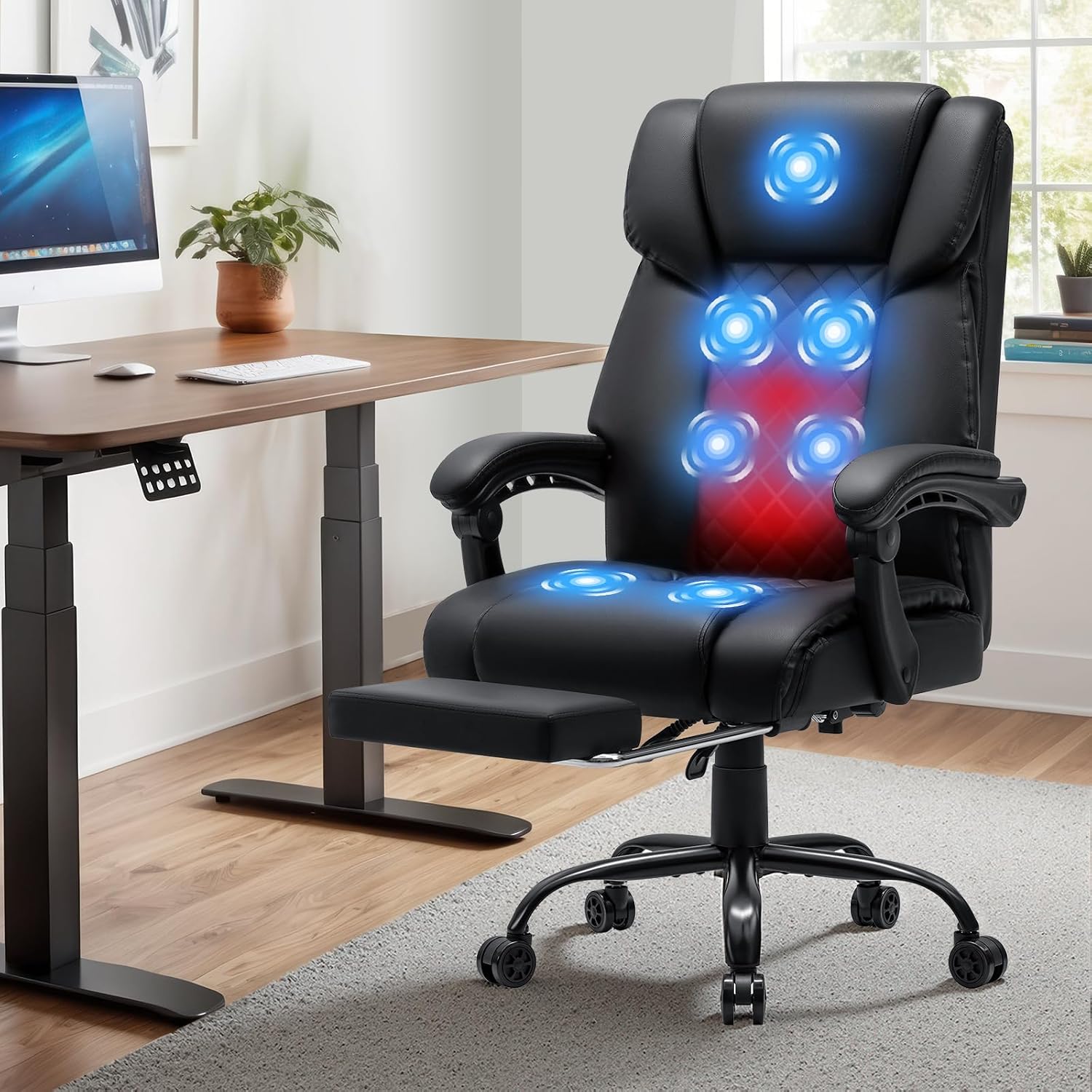 HOFFREE Massage Office Chair with Heat 7 Points Vibration Executive Reclining Desk Chair with Foot Rest Heavy Duty Metal Base High Back PU Leather Computer Chair