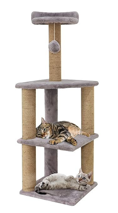 Mellifluous Soft Fur Activity Cat Tree for Kittens & Cats - Scratching Post, Natural Sisal Rope, Three Floor Tower, Hanging Ball (Grey)
