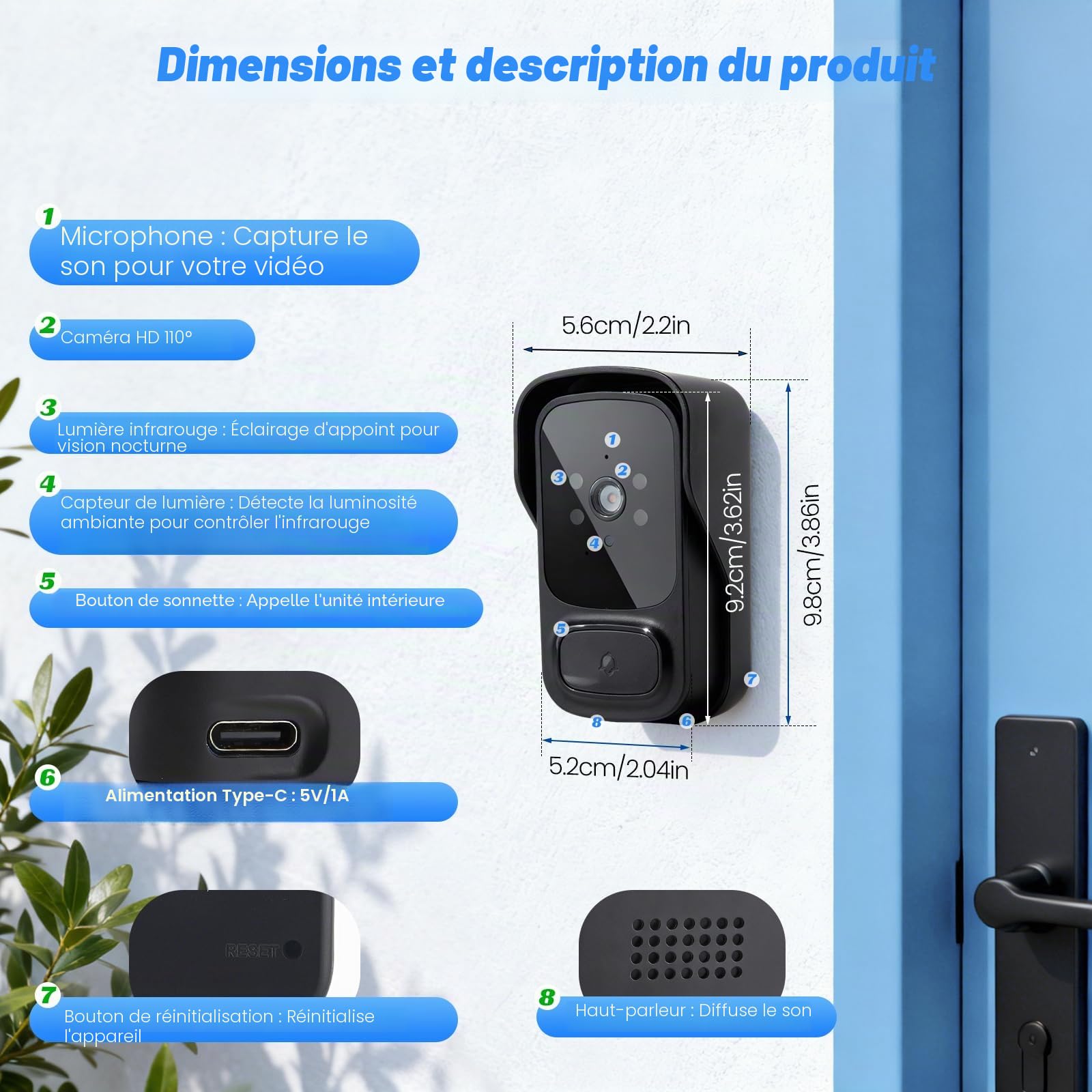 Sonnette sans Fil avec Caméra, Etanche Sonnette Vidéo sans Fil, 1080P HD IPS 4.3", Audio Bidirectionnel, Infrarouge Vision Nocturne, Résistant aux intempéries, Angle de Vision 120°, 2.4G WLAN