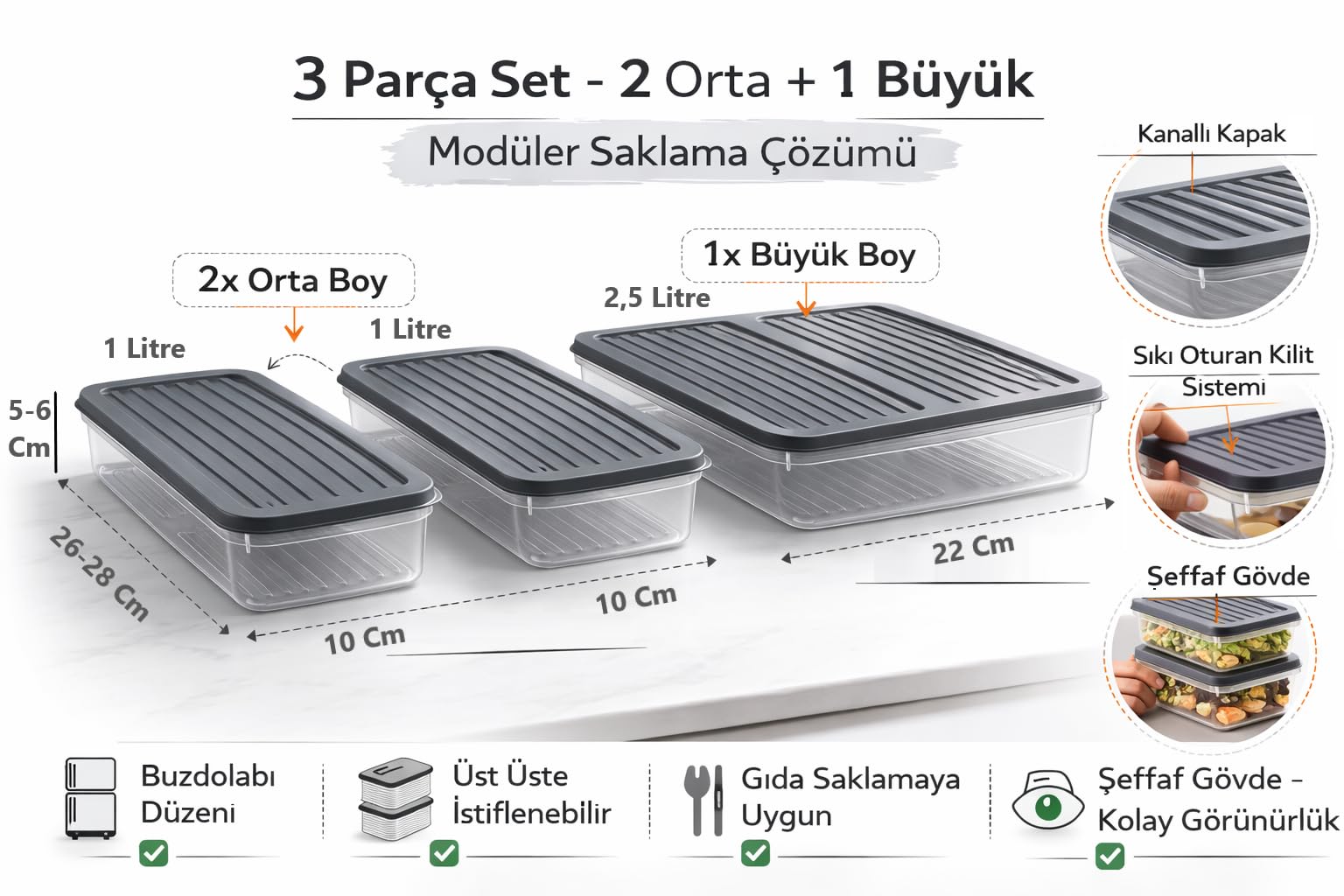 3’lü Modüler Buzdolabı Saklama Kabı Seti Düzenleyici Organizer Kutu (Gri)
