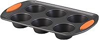 Rachael Ray Yum-o! Nonstick 6-Cup Muffin Pan, Gray with Orange Grippy Handles - Warp-Resistant, Oven Safe 500°F