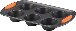 Rachael Ray Yum-o! 6-Cup Nonstick Muffin Pan with Grippy Orange Handles, Gray - Oven Safe 500°F
