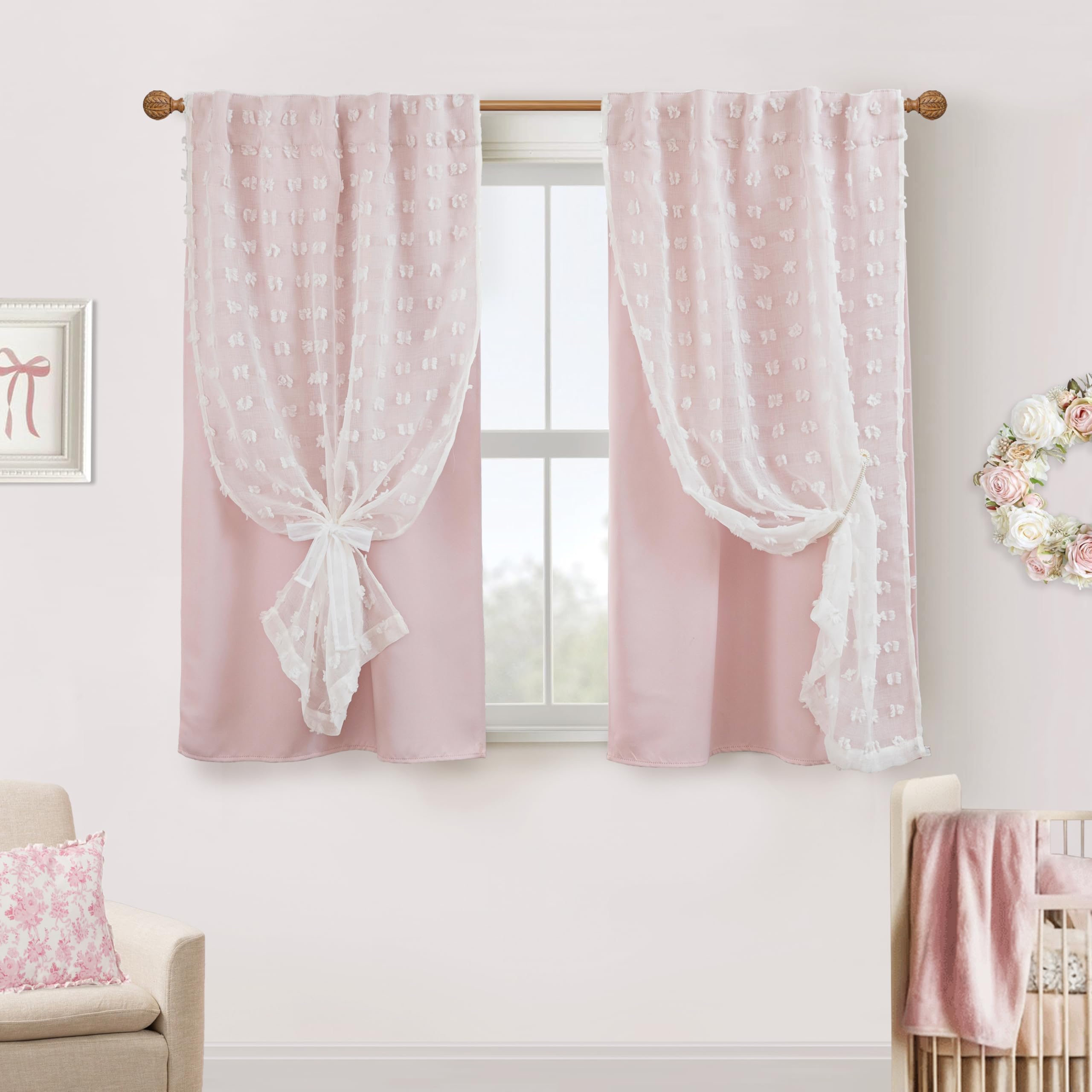 Cortinas con Pompones en la Parte Trasera Rosa y Blanco para habitación de niñas, Dormitorio, baño, Cuarto de bebé, Cortinas de Doble Capa de 45 Pulgadas de Largo