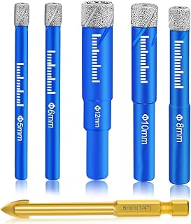 Surfou Diamantbohrer, Fliesenbohrer Set tlg. 5, 6, 8, 10, 12 mm Feinsteinzeug Diamant Fliesen Bohrer und 6mm Metall Bohren, Glasbohrer für Keramik Granit, Glas, Porzellan, Mauerwerk, Marmor
