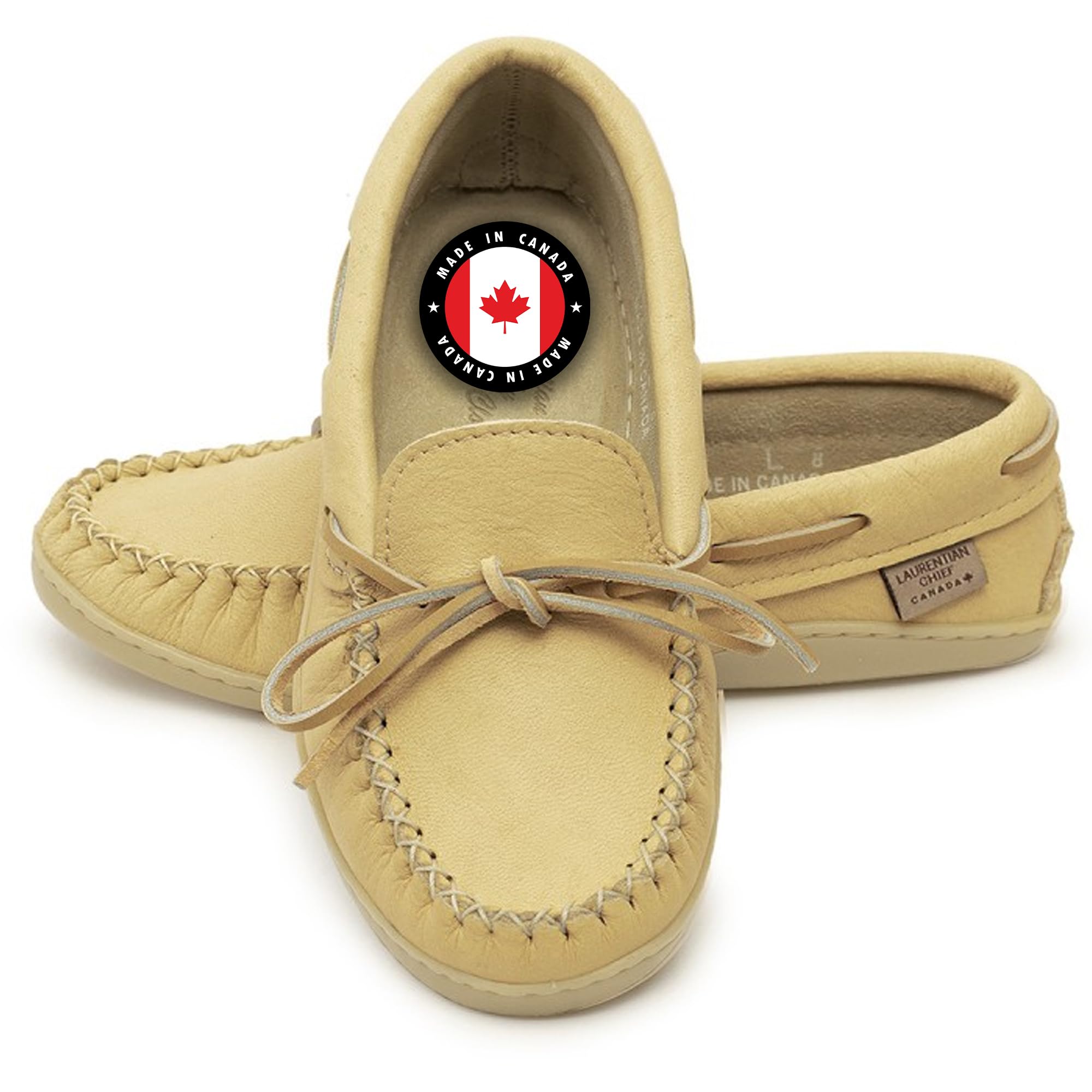 Laurentian Chief Moccasins with 8-Hole Collar for Ladies – Stylish and Comfortable House Slippers with Natural Rubber Sole – Leather Indoor and Outdoor Slippers