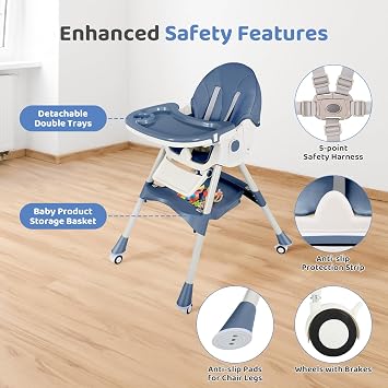 6 in 1 High Chairs for Babies and Toddlers,Portable Foldable High Chair with Wheels& Pu Cushion, Adjustable Height, Reclining Seat, 5-Point Safety Harness, Removable Tray