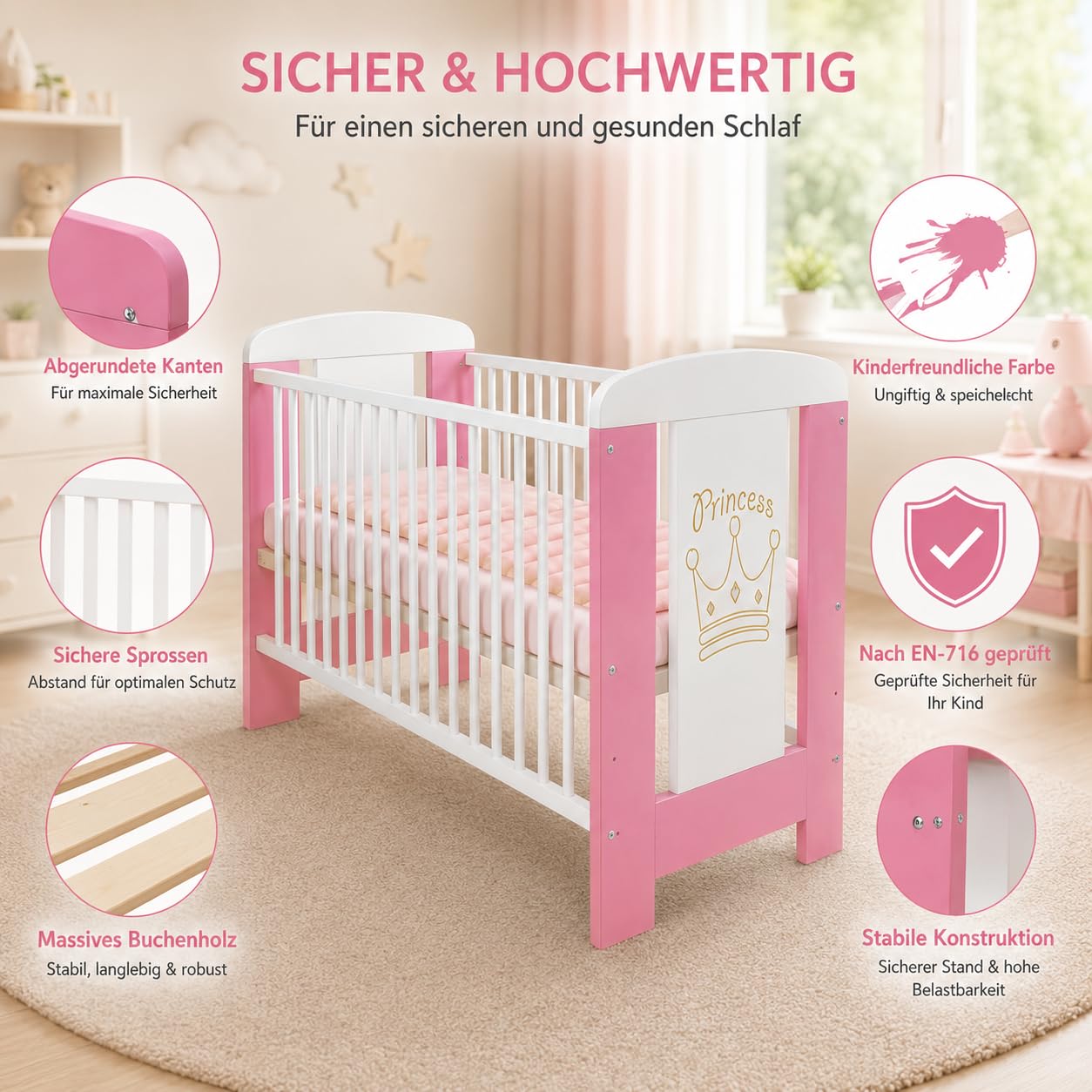 Lit bébé My Sweet Baby en 3 Couleurs sans Matelas Mousse 10 cm certifié lit bébé Blanc 4 Parties 120x60 (Pink Princess sans Matelas)