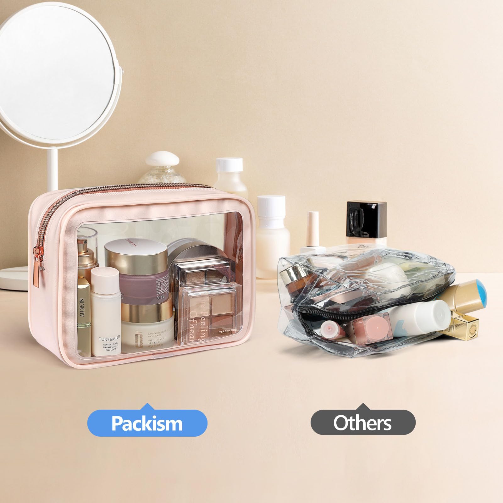 PACKISM Trousse de toilette approuvée par la TSA – Trousse de maquillage transparente à bords colorés pour les voyages s'adapte à différents besoins de rangement, 04 Noir/Rose/Turquoise-Lot de 3,
