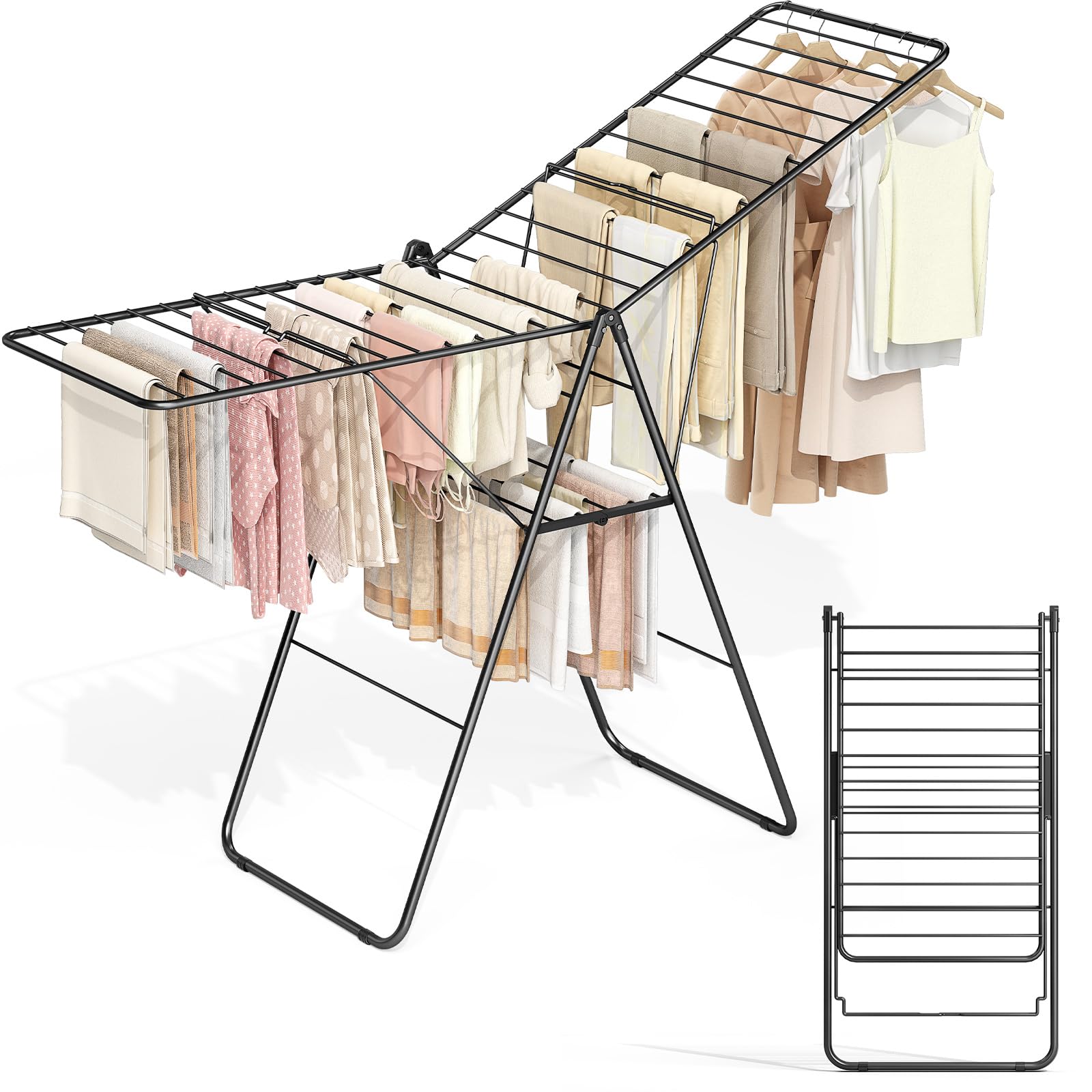 APEXCHASER Clothes Drying Rack, Oversized Drying Rack Clothing with Height-Adjustable, Foldable Gullwings Metal Laundry Rack, Indoor Outdoor Use, No Assembly, Black
