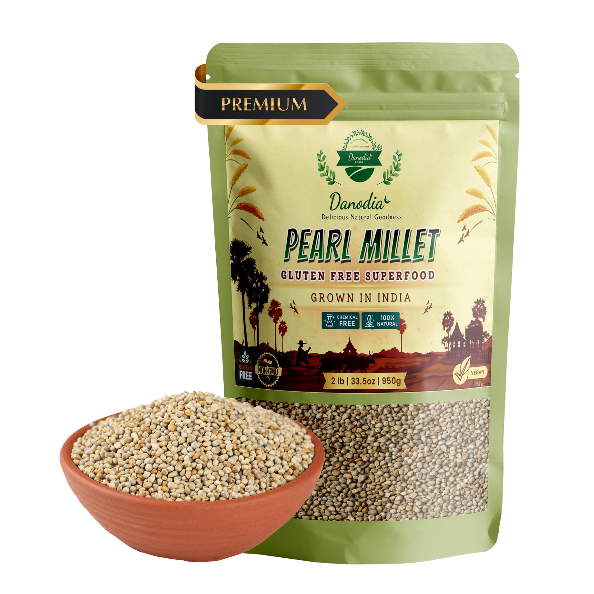 Danodia Foods Organic Pearl Millet (Bajra) (2 lbs | 950g | 33oz) | Unpolished, Whole Grain, Gluten-Free, Hulled Superfood | Natural, Non-GMO, Vegan, High Fiber & Protein |Rotis, Khichdi & Porridge[Amazon-developed Certification] Compact by Design
