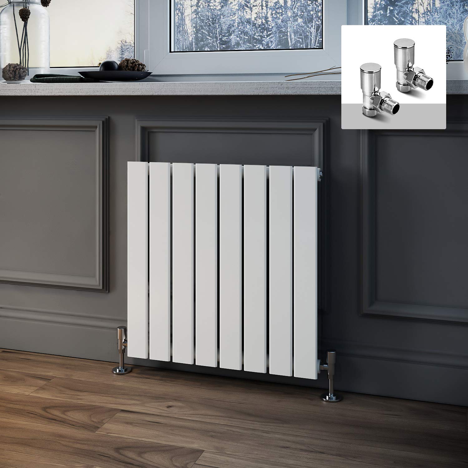 600 x 600 mm White Column Radiator Horizontal Single Flat Panel Designer Radiator with Angled Radiator Valves