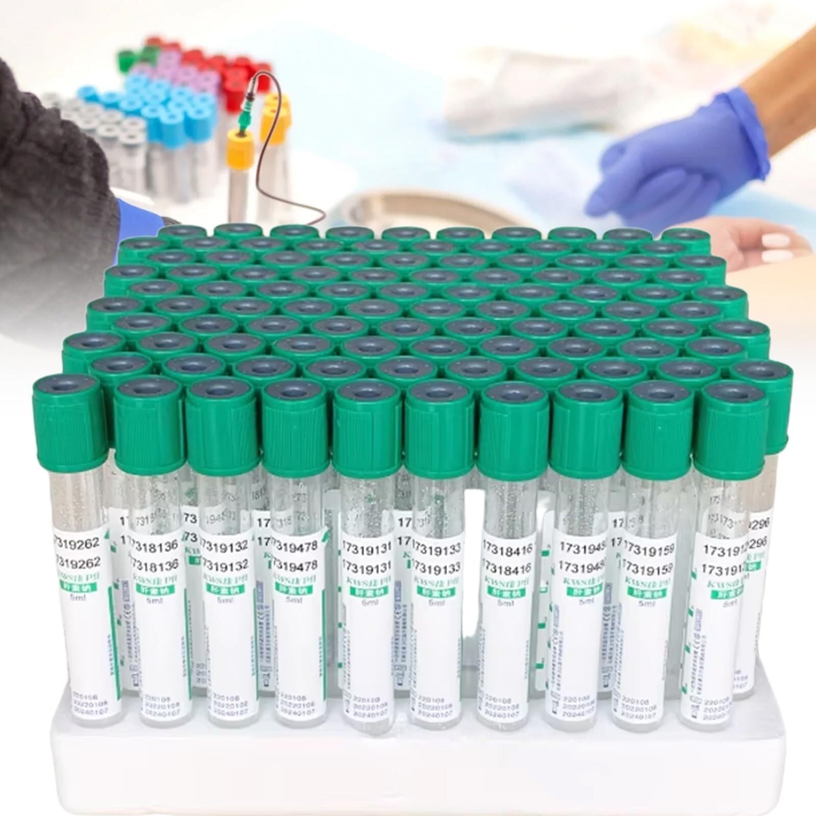 Sterylne jednorazowe probówki do pobierania krwi próżniowej - 100 sztuk, 1/2/3/5/10ml, PET/szkło, aktywator skrzepu i żel separator, do laboratorium i wirówki(zielony, 5ml)