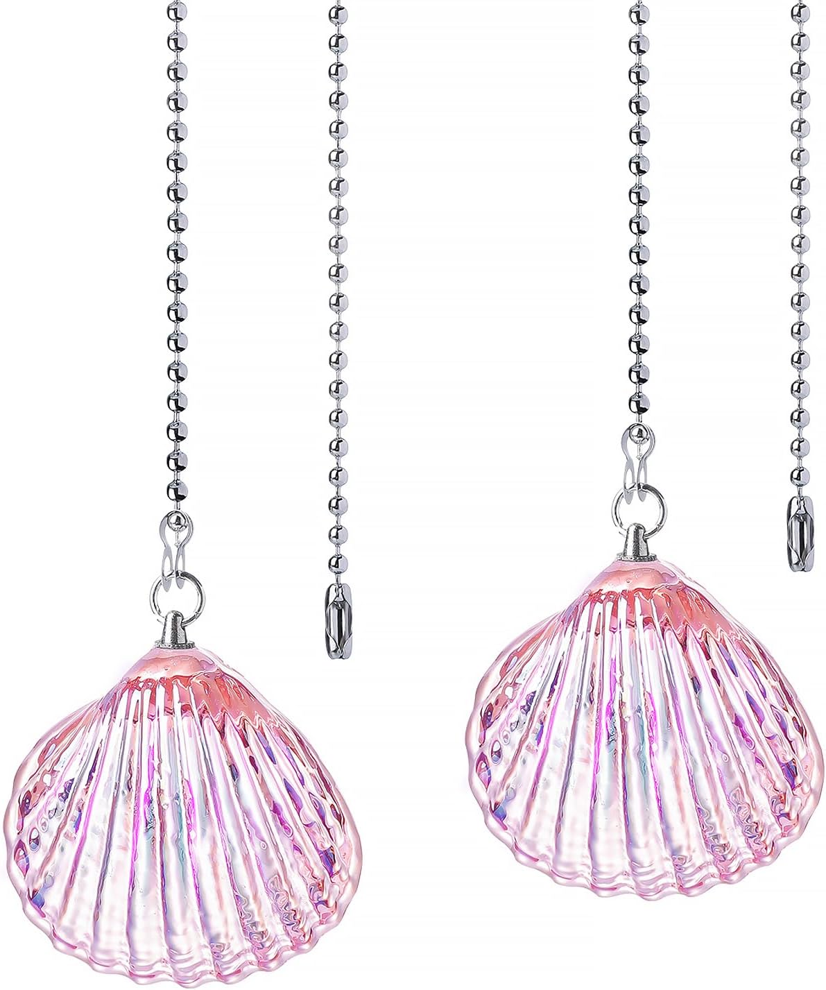 LONGSHENG - SINCE 2001 - 2 Pack Silver Ceiling Fan Pull Chain Extension, Pink Glass Shell Shaped Pendant Pull Chains for Ceiling Fans and Lights, Decorative Fan Pulls Extenders with Connector