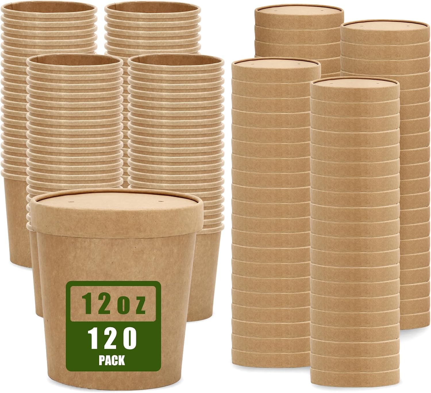 JarThenaAMCS 120 Pack 12oz Kraft Paper Soup Containers with Lids Disposable Ice Cream Pint Cups Microwavable Serving Bowls for Home Restaurant Food Storage
