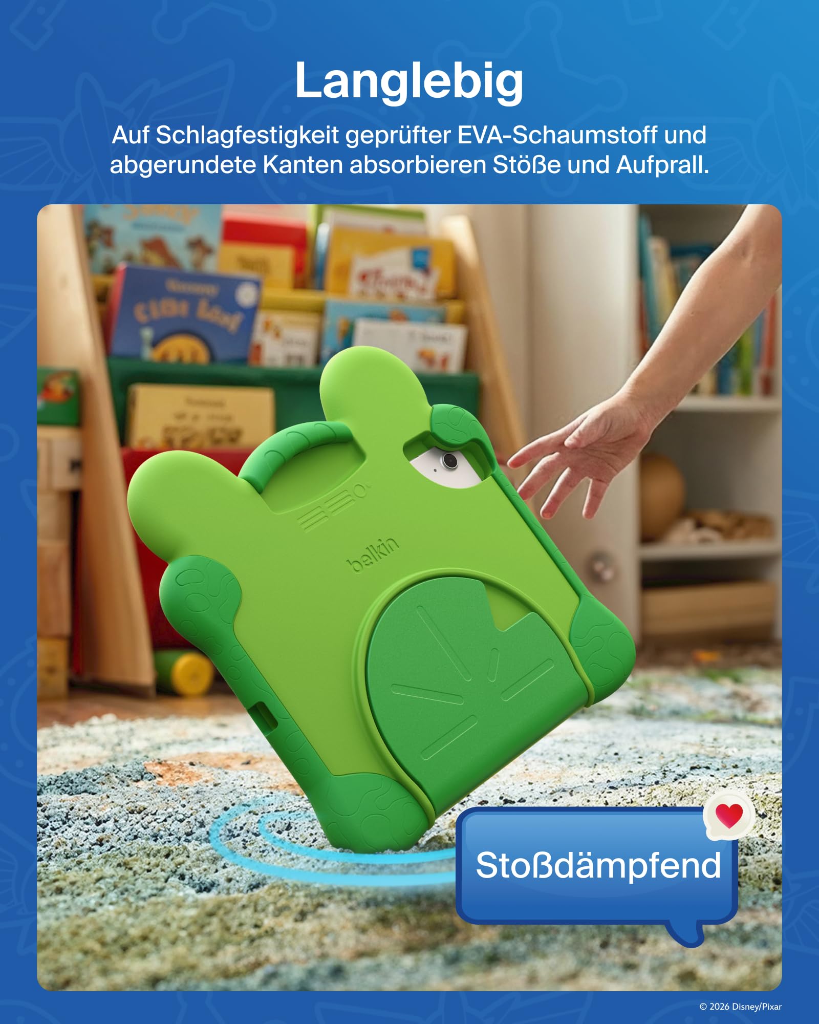 Belkin Disney und Pixar iPad A16 Hülle inspiriert von Lilypad aus Toy Story 5 (11. Generation 2025, 11" / 10. Generation 2022, 10,9"), Stoßfest, Robust, Ungiftig, Tablethülle mit Ständer und Griff