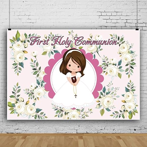 Miniatura 4 de Leyiyi Telón de fondo de fiesta de primera comunión de 8 x 6 pies para niña, bautismo, fiesta, bautizo, fotografía, fondo rústico, flores florales,
