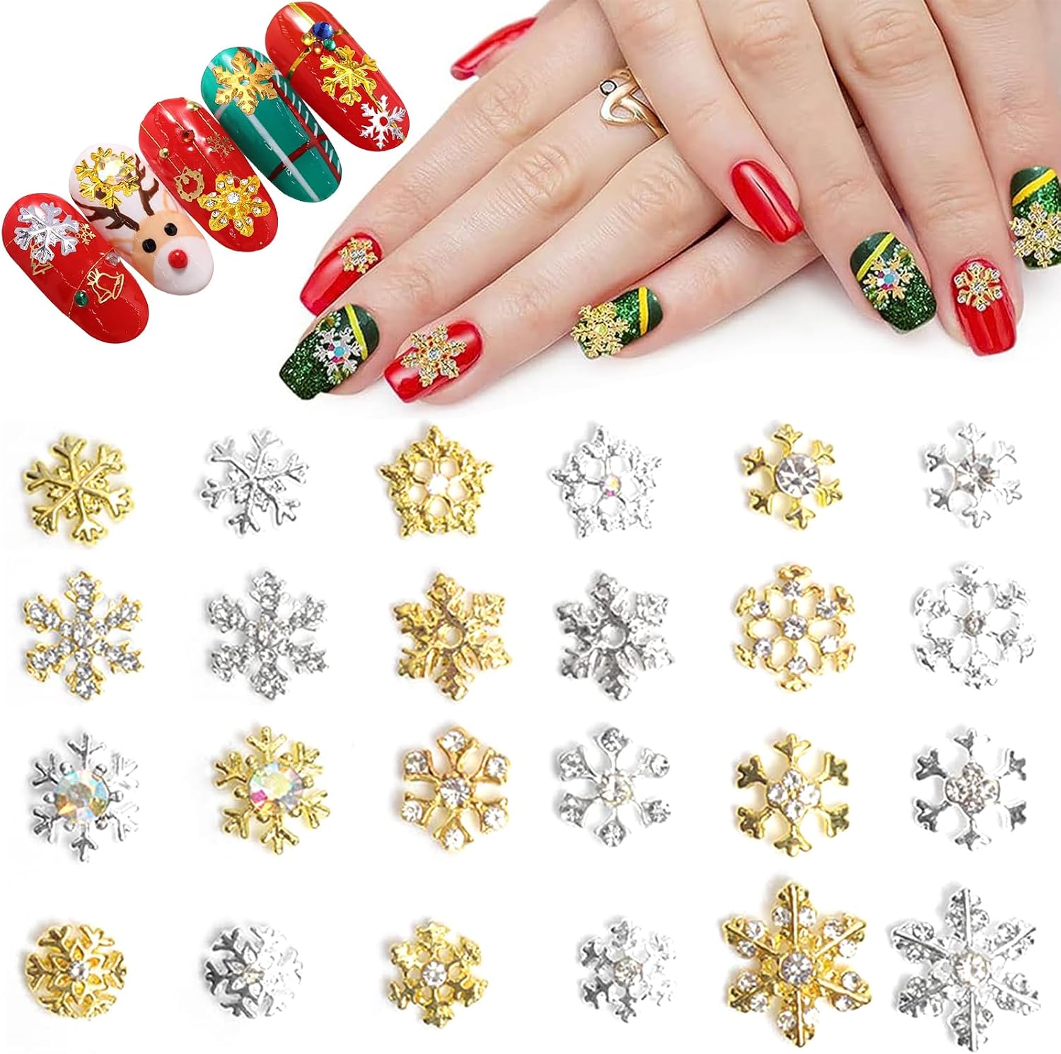 ONEUPIN 24Pcs Snowflakes Nail Art Charms Glitter 3D Crystals Diamonds Rhinestones Metal Alloy Christmas Snowflakes Nail Charms Gems Design for Women