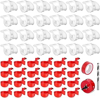 24 Pcs Chicken Feeder Kit and 24 Pcs Chicken Water Cup Kit, Gravity Chicken Waterer Cup and Chicken Feeder Port Kit with Hole Saw and Sealing Tape, Chicken Feeder No Waste for Chicken Duck Bird Quail