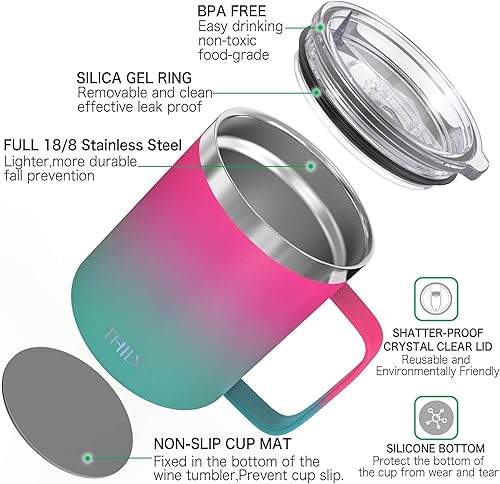 Miniatura 3 de THILY Taza de viaje aislada de acero inoxidable de 12 onzas con asa, tapa a prueba de derrames, mantiene el café frío o horas calientes, rosa y verde