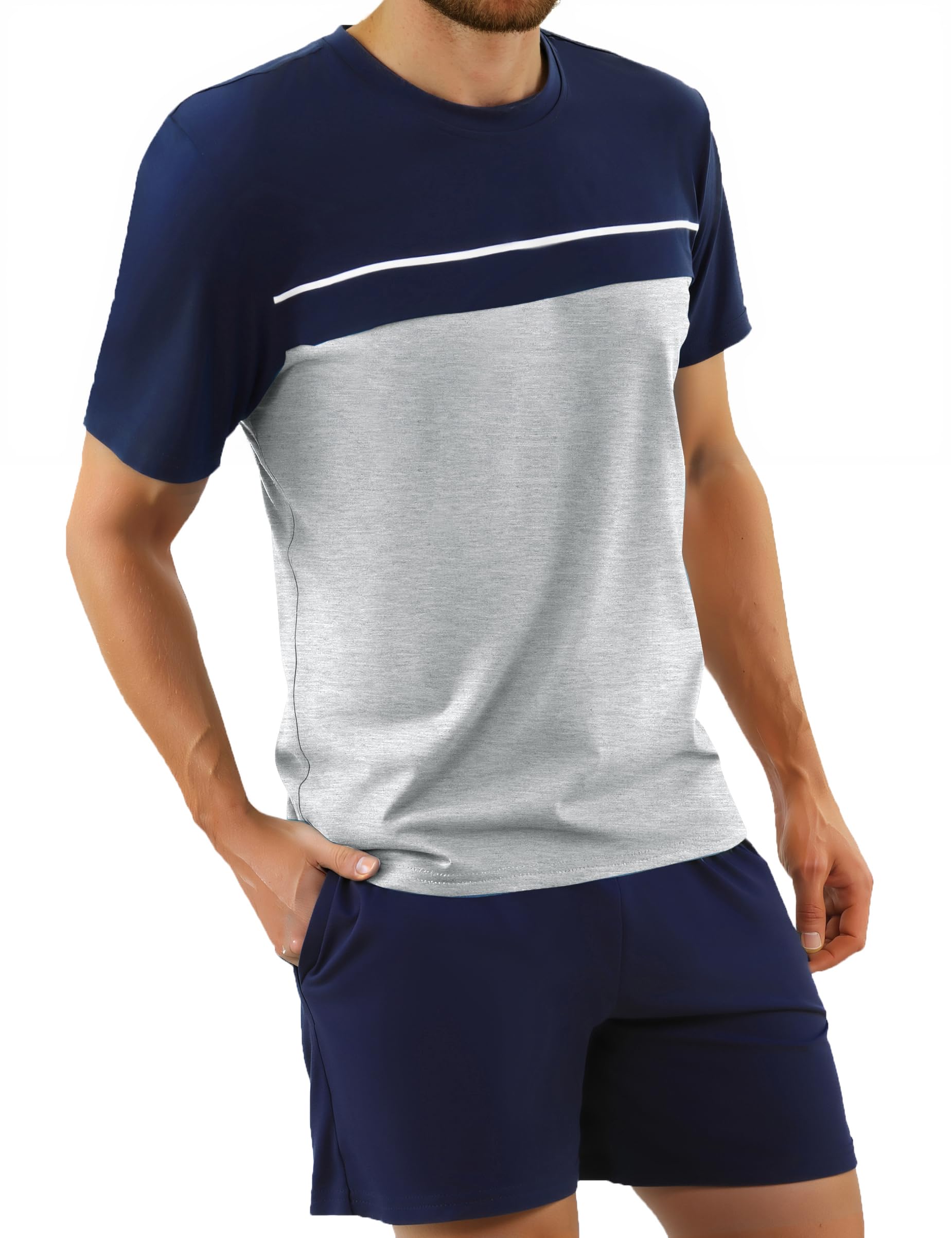 Bresdk Schlafanzug Herren Kurz Baumwolle Kurzarm Pyjama Set Zweiteiliger Shorty Nachtwäsche mit T-Shirt und Shorty Schlafanzughose Männer Hausanzug