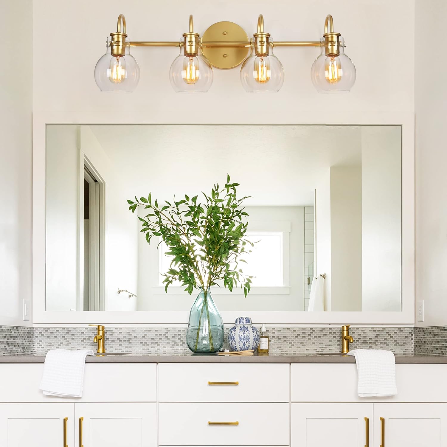 KSANA Bathroom Vanity Light, 4-Light 28.5" Large Gold Bathroom Light Fixtures, Modern Vanity Lights for Bathroom with Globe Clear Glass Shades