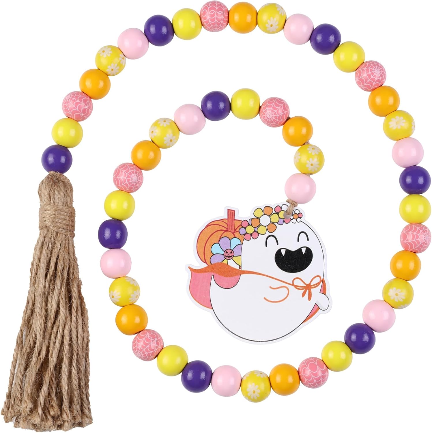 Groovy Halloween Wood Bead Garland with Ghost Pumpkin Wooden Tag and Jute Rope Tassel - Daisy Boho Halloween Beaded Tiered Tray Decor, Rustic Farmhouse Home Decoration for Table Shelf Display