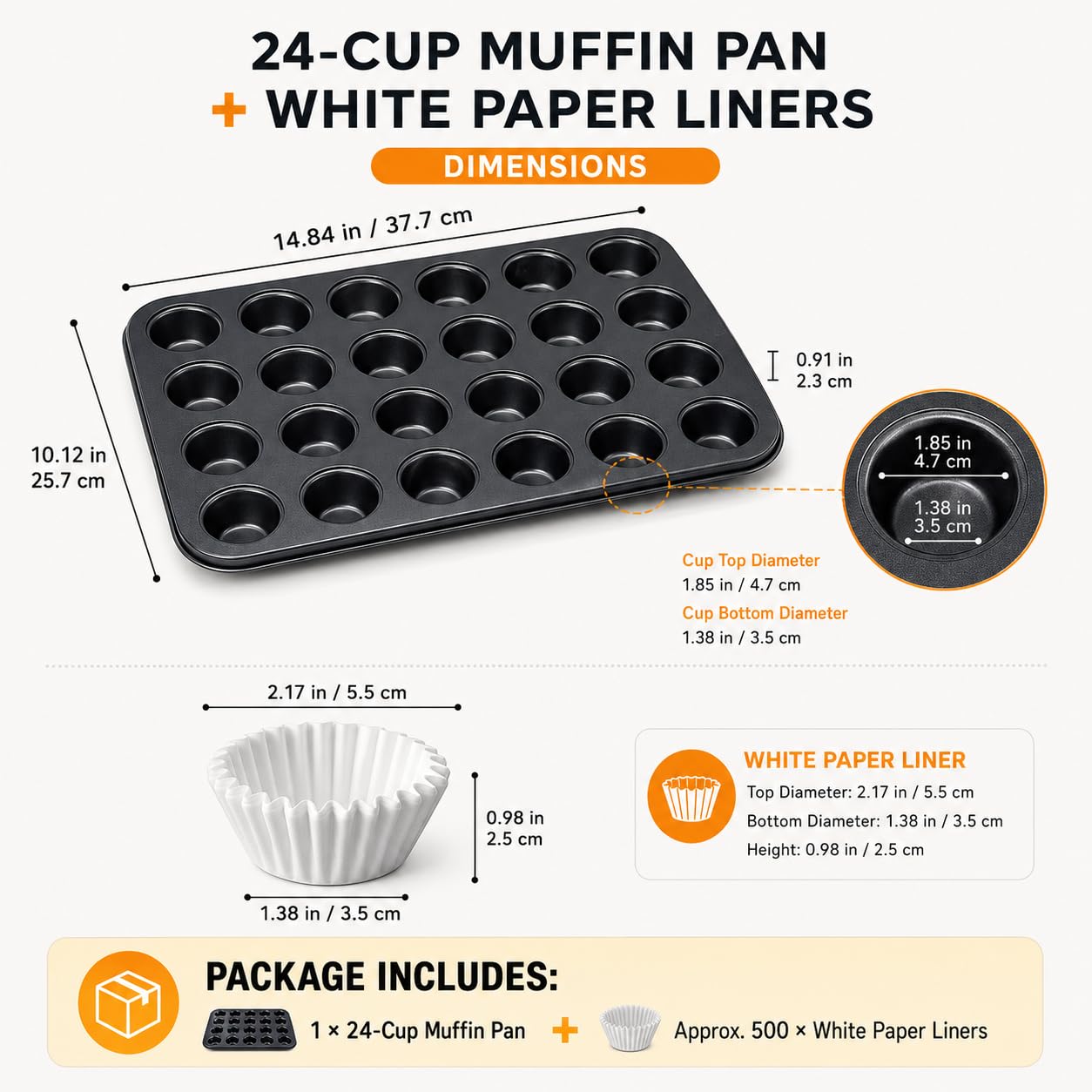 Mini Molde Para Muffins De 24 Tazas Mini Bandeja Para Hornear Antiadherente De Acero Al Carbono Para Magdalenas Con Paquete De 500 Revestimientos Blancos Para Magdalenas Desechables