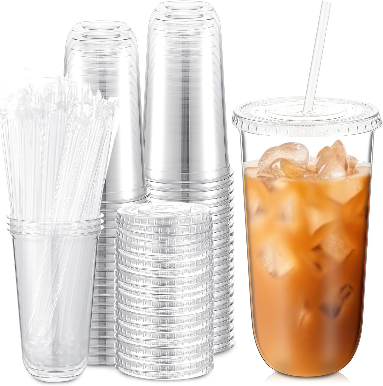 50 Sets Clear Plastic Cups with Lids and Straws, Disposable Iced Coffee Cups Drinking PET for Cold Drinks, Juice, Smoothie, Coffee Shops, Party, Christmas (16 oz,Black)
