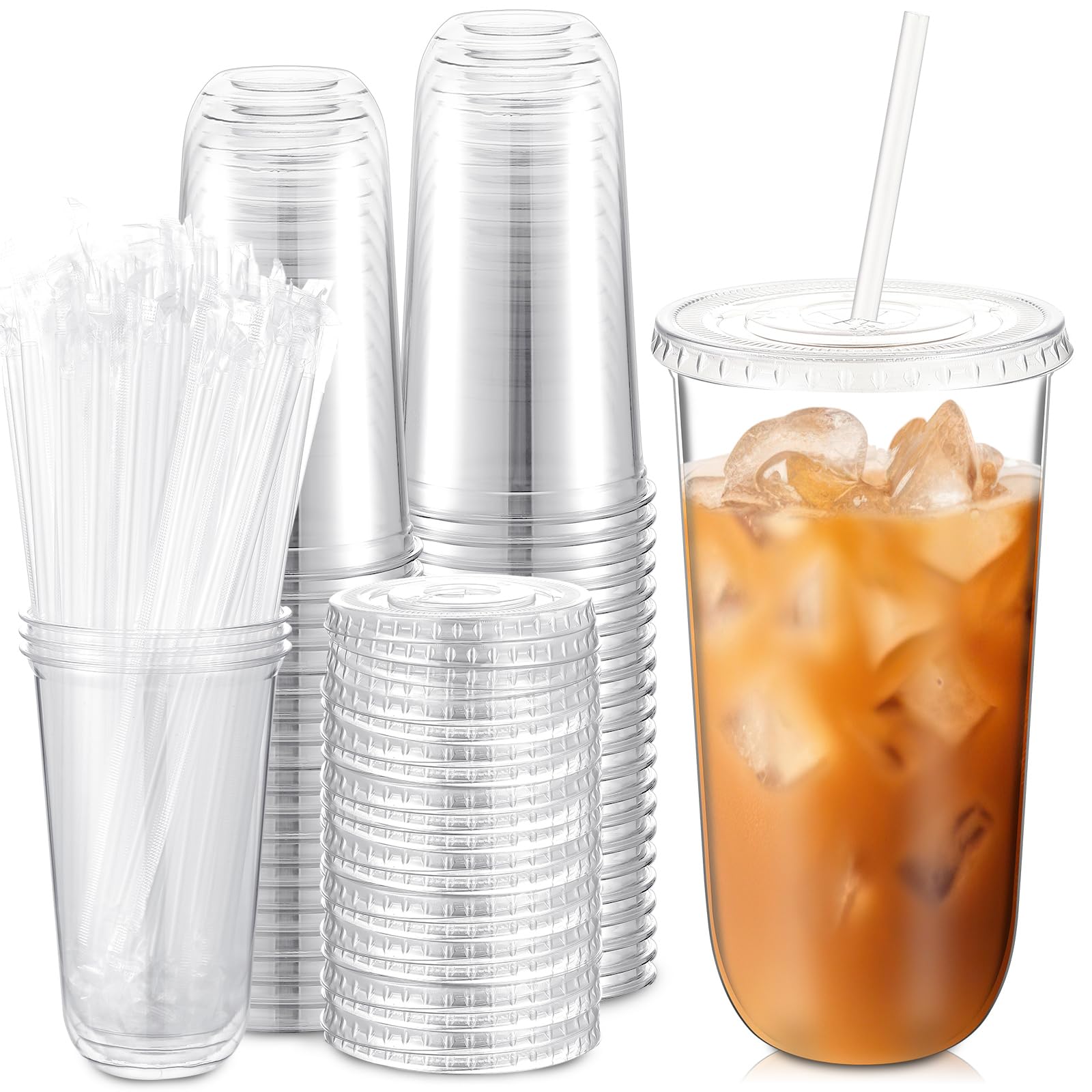 Ziliny 50 Sets Clear Plastic Cups with Lids and Straws, Disposable Iced Coffee Cups Drinking PET for Cold Drinks, Juice, Smoothie, Coffee Shops, Party, Christmas (20 oz,Clear) 20 oz Clear 50
