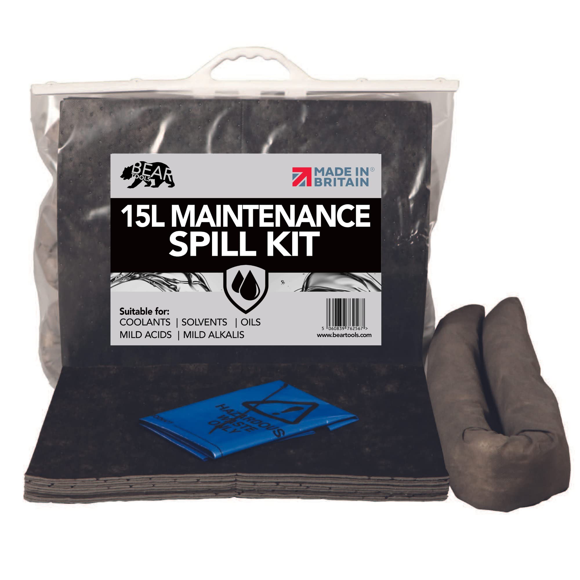 15L Spill Kit (Maintenance) UK Manufactured, Grey, Absorbs Non-Aggressive Oil and Water Based Fluids, For Indoor/Outdoor Use to contain General Liquid Spills, On-the-go Bag