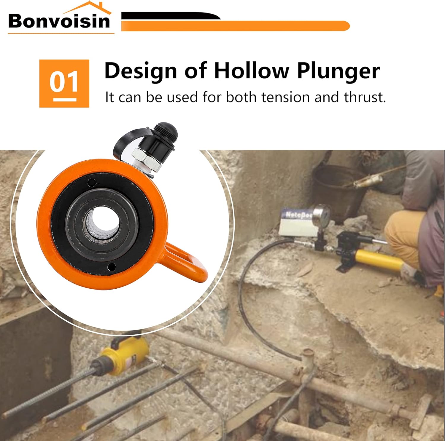 Bonvoisin 30T 4 Inch Hollow Hydraulic Cylinder Jack Porta Power Ram Single Acting Lifting Cylinders 4" Stroke for Machinery Shipbuilding