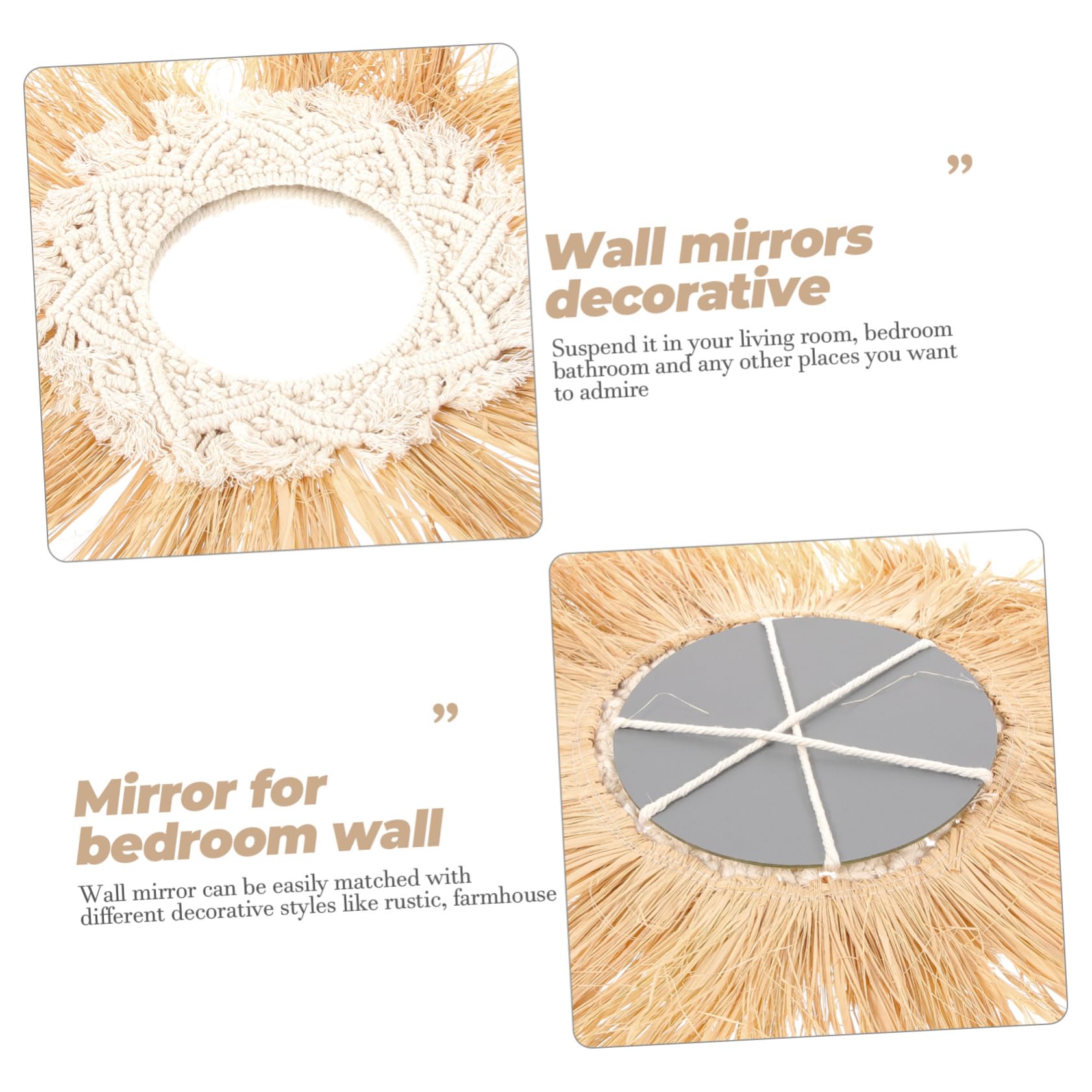 OUNONA Runder Hängespiegel im Boho Stil mit Raffia und Baumwollseil