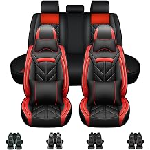 Full Set Pu Leather Car Seat Covers,5pcs Waterproof Auto Seat Protectors,Airbag Compatible&Storage Pockets,Black Red with Pillows