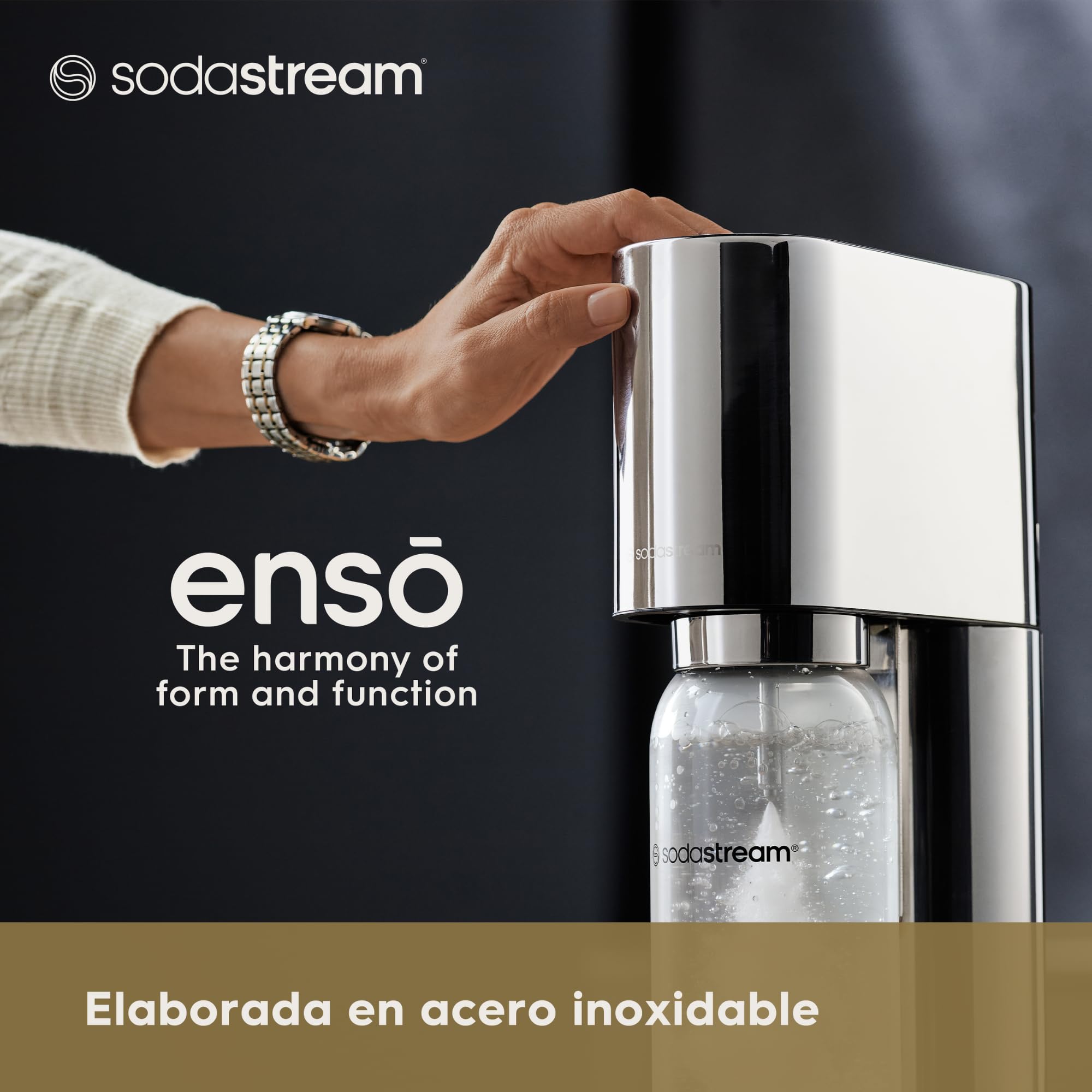 sodastream Enso - Máquina Gasificadora de Agua Premium de Acero Inoxidable, Incluye Botella de 1 Litro para Gasificar Apta para Lavavajillas