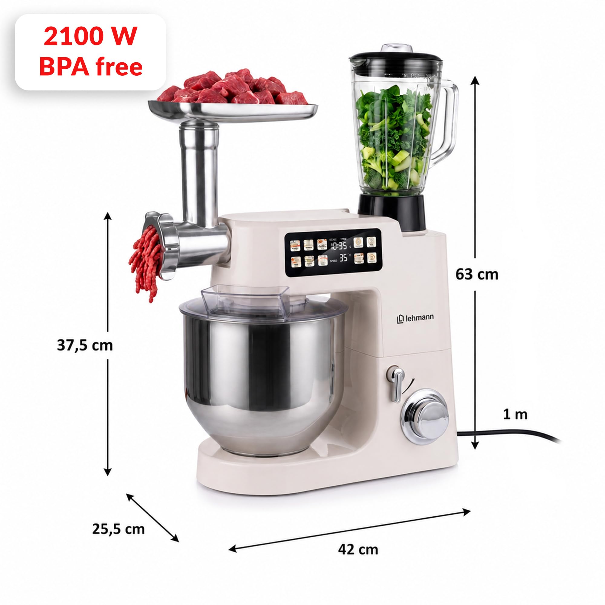 LEHMANN Teyles Impastatrice Planetaria Professionale 2100W 8L con Bilancia Integrata, Touchscreen e Ciotola Riscaldata, Blender 1,5L, Tritacarne, Planetaria per Pane e Pizza, Beige