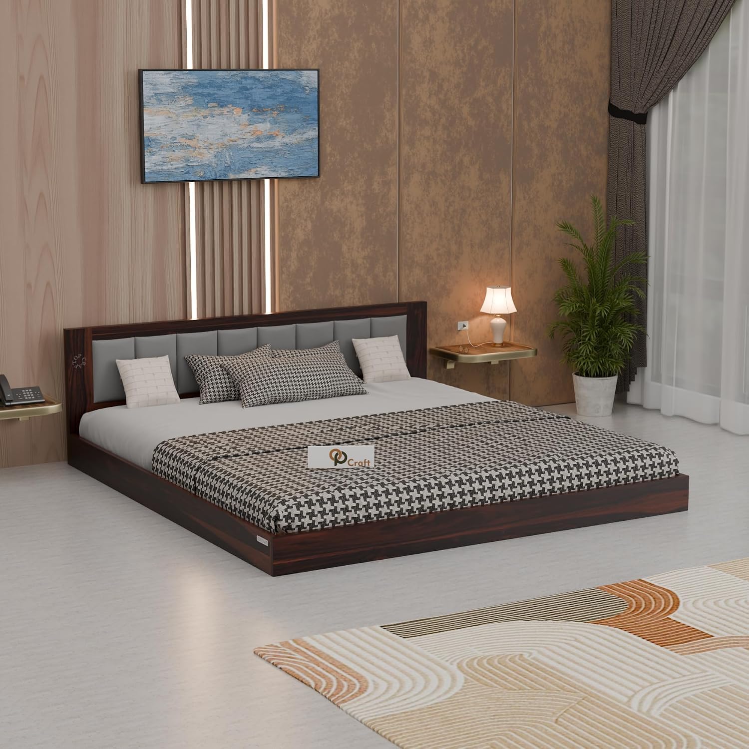 Solid Wood Low Floor Bed with Upholstered Headboard | Modern Platform Bed Frame for Bedroom | Strong & Durable Wooden Bed with Cushion Backrest-image-49