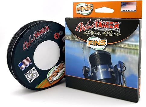 FINS Windtamer Pitch Black Braided Fishing Line No-Fade Non-Bleeding 4-End Round Braid, Resists Wind Knots and All Rod Tip Wraps, Stealth Bass Fishing Line, Freshwater Saltwater, Made in USA