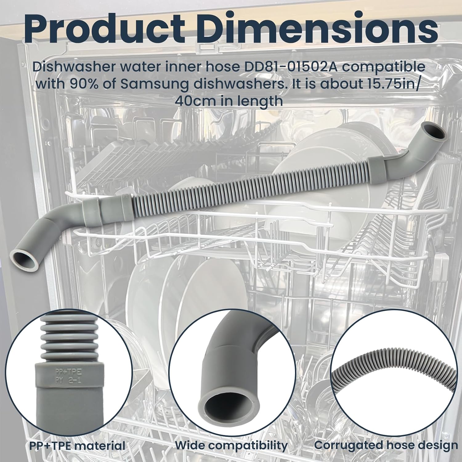 DD81-01502A Universal Dishwasher Water Inner Hose Replacement, Fit for Samsung Dishwasher Drain Hose, Plastic, Gray (Long 15.75in)