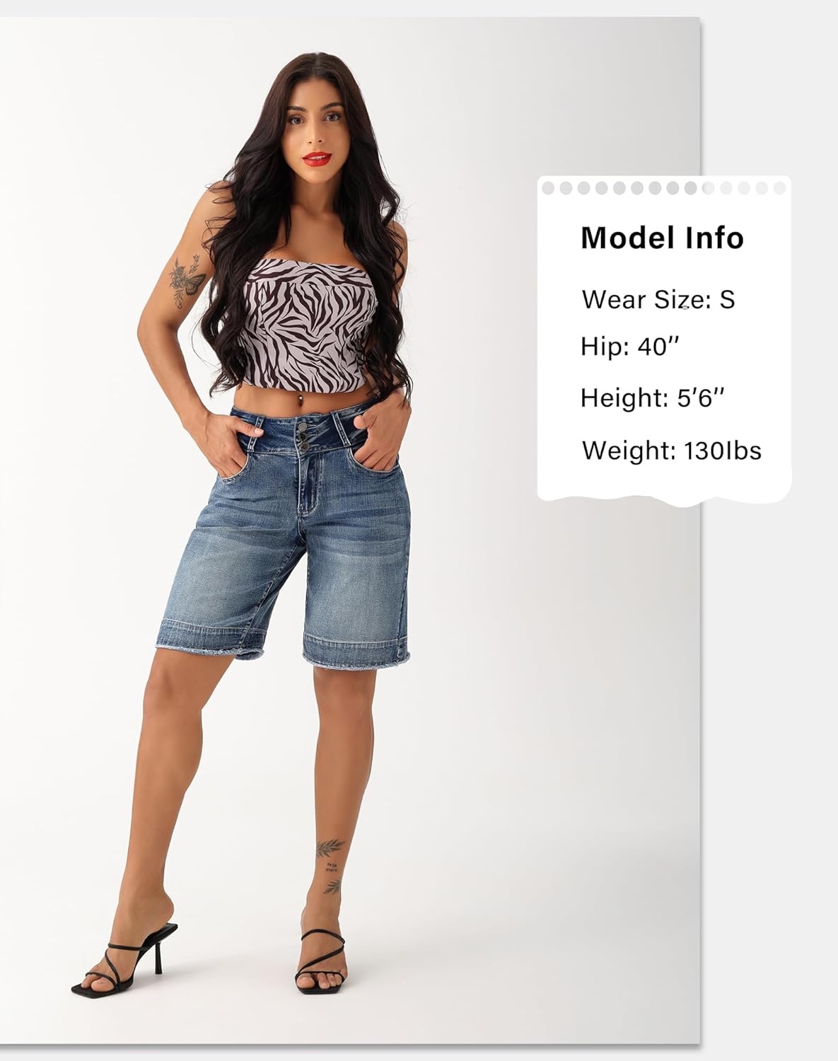 roswear Women's Stretchy Wide Leg High Waisted Frayed Hem Long Jean Shorts - Image 4