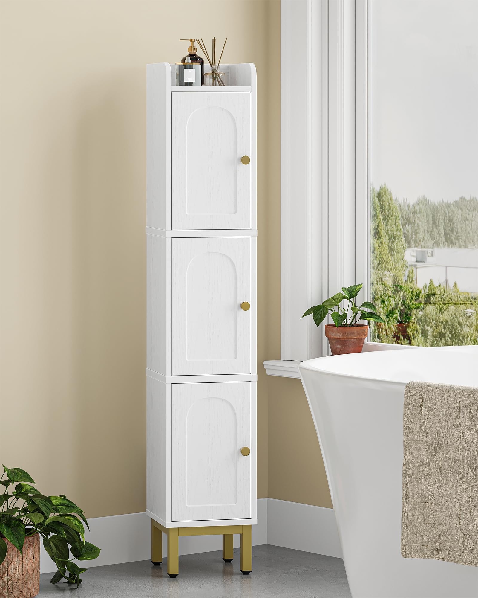 Hzuaneri Mueble de Baño, Armario de Almacenamiento Estrecho para Baño, 3 Puertas, 4 Patas Ajustables, para Lavadero, Cocina y Sala de Estar, 20 x 20 x 108,5 cm, Blanco BC22313G | Armario esquinero con patas ajustables, para cuarto de baño, cocina, 20 x 20